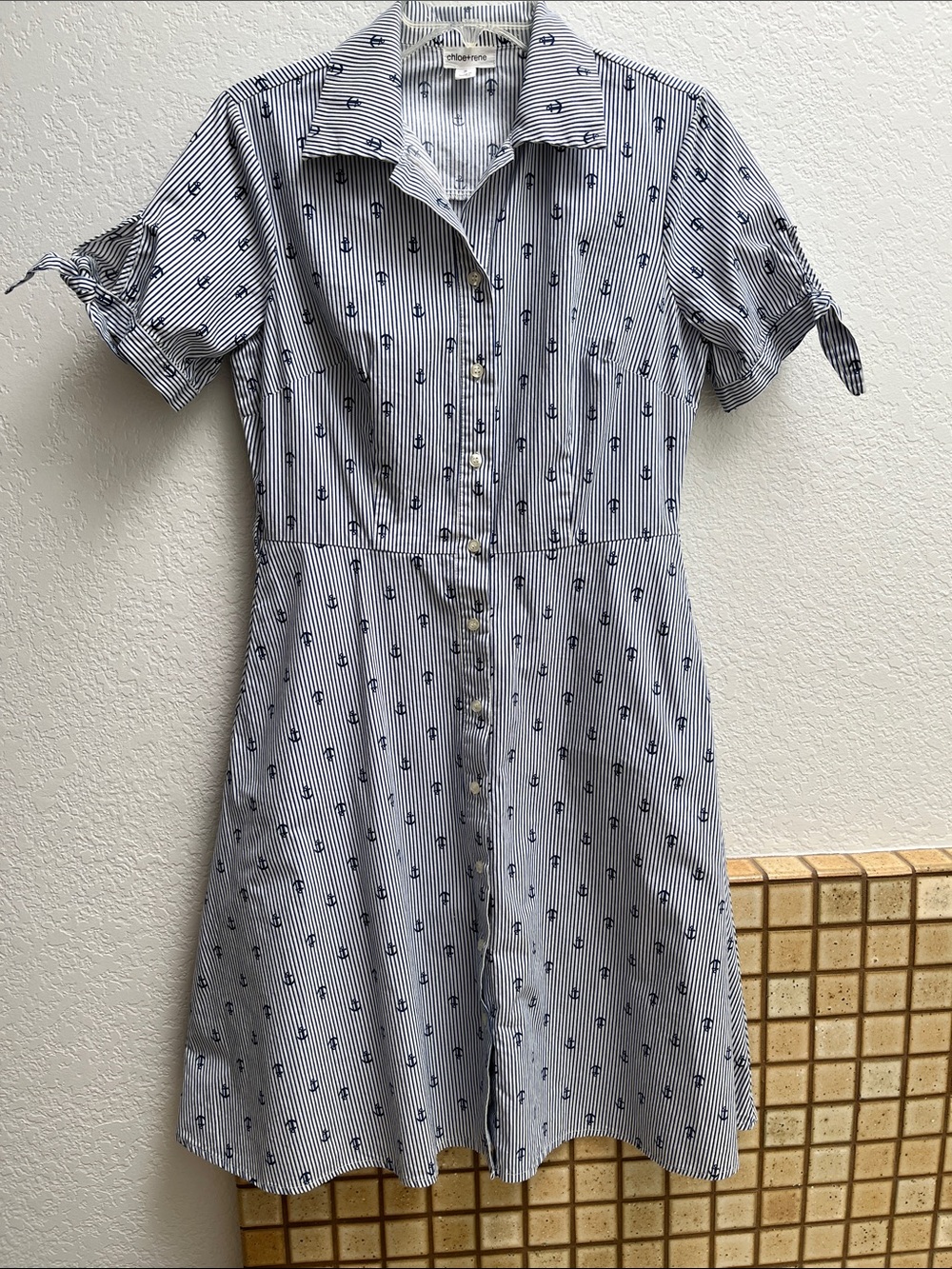 Chloe + Rene Striped Button-Front Navy Anchor Print Shirt Dress